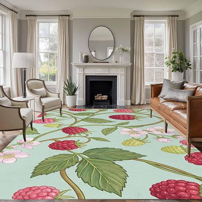 Area Rug 8x10ft, Farmhouse Berry Red Pink Blossoms Flower Washable Rugs for Living Room Bedroom, Green Leaves Soft Non-Slip Area Rugs Rectangle Floor Carpet for Dining Room