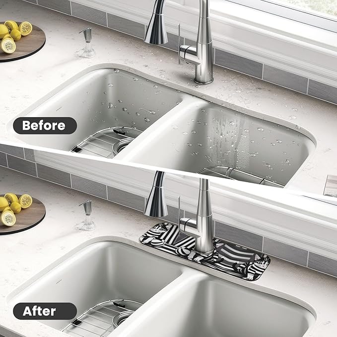 Black and White Striped Kitten Printed Faucet Absorbent mat, Suitable for bathrooms, Kitchens, and Other Sink Areas.