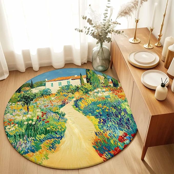 Washable Round Area Rug Pastoral Floral Pink Yellow Flower Green Leaves Circle Rugs Floor Carpet for Living Room Bedroom, Farm Plants Soft Non Slip Round Rug 3ft