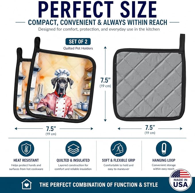 Caroline's Treasures Great Dane The Chef Pair of Pot Holders Kitchen Heat Resistant Pot Holders Sets Oven Hot Pads for Cooking Baking BBQ, 7 1/2 x 7 1/2