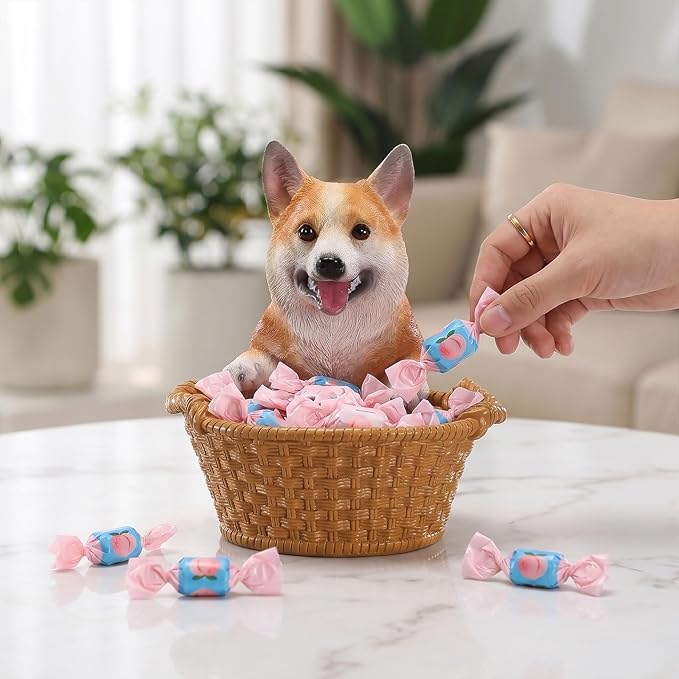 Cute Corgi Candy Bowl, Resin Dog Figurine Key Bowl for Entryway Table, Desktop Storage Basket Organizer for Desk, Unique Dog Lover Gift