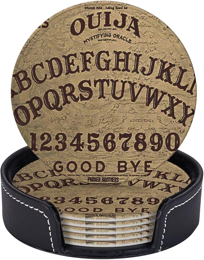 Ouija Board Leather Drinks Coasters with Holder, Set of 6, Suitable for Various Cups