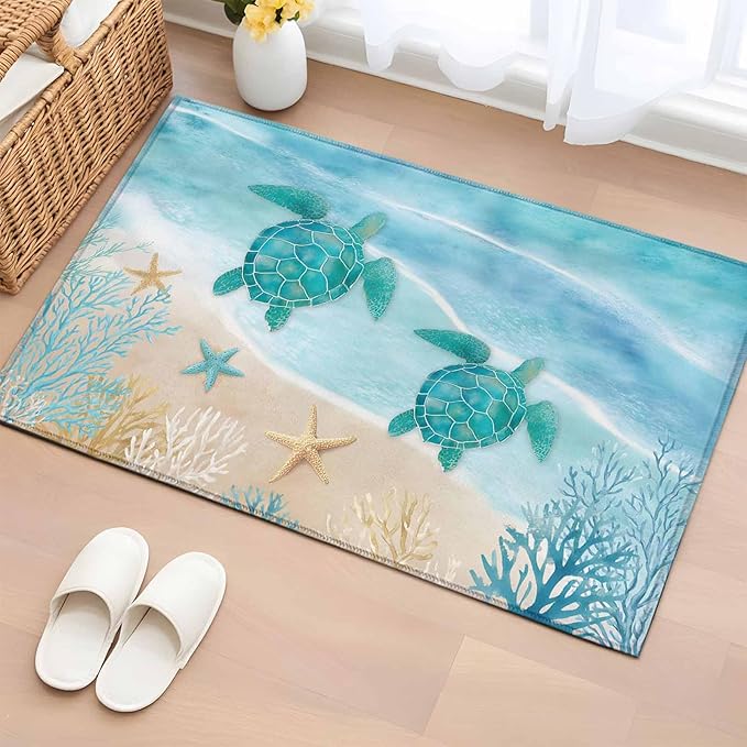 Area Rug 2x3ft, Sea Turtle Starfish Coral Washable Rugs for Living Room Bedroom, Summer Seaside Ocean Life Soft Non-Slip Area Rugs Rectangle Floor Carpet for Dining Room