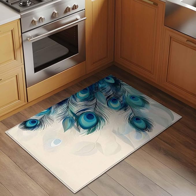 Area Rug 2x3ft, Abstract Animal Art Peacock Feather Washable Rugs for Living Room Bedroom, Watercolor Blue Eyes Beige Soft Non-Slip Area Rugs Rectangle Floor Carpet for Dining Room