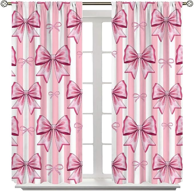 Pink Bowknot Blackout Curtain,Girls Kids Cute Bow Stripe Abstract Window Treatment Curtains Dining Room Living Room Kitchen Cafe Bedroom Office Nursery Drapes,52x96 in