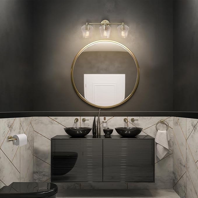 GLOBE Electric 63000063 5-Piece All-in-One Bathroom Set, Matte Brass Finish, 3-Light Vanity Light, Glass Shades, Towel Bar, Toilet Paper Holder, Towel Ring, Robe Hook, Bathroom Lights Over Mirror
