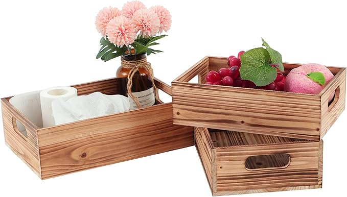 PHOENANCEE Wood Crates For Display,Rustic Crate Storage Decorative Boxes Set of 3,Wooden Nesting Box with Handles Farmhouse Container Basket Bin Home Decoration,Solid Pine,L+M+S