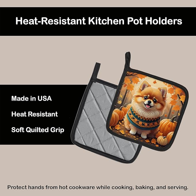 Caroline's Treasures DAC1062PTHD Pomeranian Fall Pair of Pot Holders Kitchen Heat Resistant Pot Holders Sets Oven Hot Pads for Cooking Baking BBQ, 7 1/2 x 7 1/2