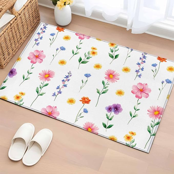 Area Rug 2x3ft, Watercolor Farmhouse Flower Washable Rugs for Living Room Bedroom, Yellow Pink Purple Blue Floral Soft Non-Slip Area Rugs Rectangle Floor Carpet for Dining Room