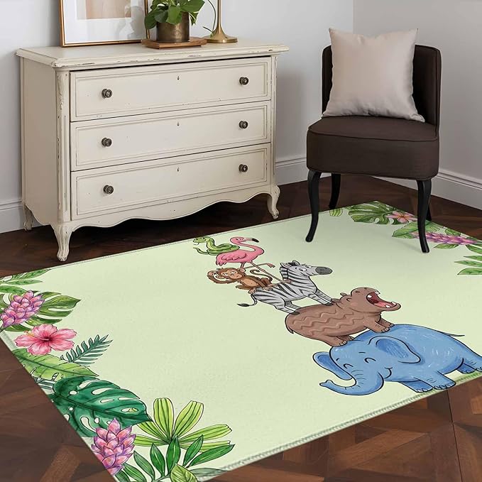 Area Rug 4x6ft, Funny Elephant Zebra Flamingo Washable Rugs for Living Room Bedroom, Tropical Leaves Floral Soft Non-Slip Area Rugs Rectangle Floor Carpet for Dining Room