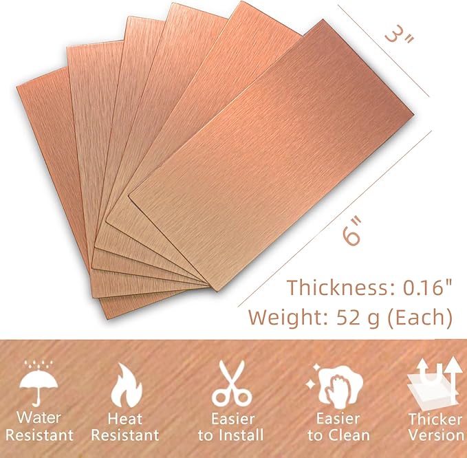 Aluminum Peel and Stick Backsplash Panels - 3"x6" Brushed Copper Kitchen Wall Decor, 80-Pack (Copper Color)