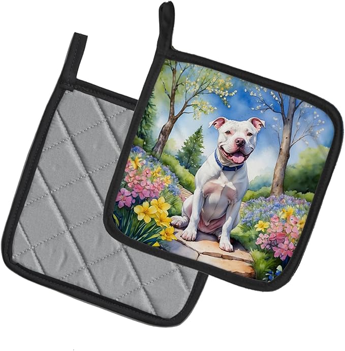 Caroline's Treasures Pit Bull Terrier Spring Path Pair of Pot Holders Kitchen Heat Resistant Pot Holders Sets Oven Hot Pads for Cooking Baking BBQ, 7 1/2 x 7 1/2