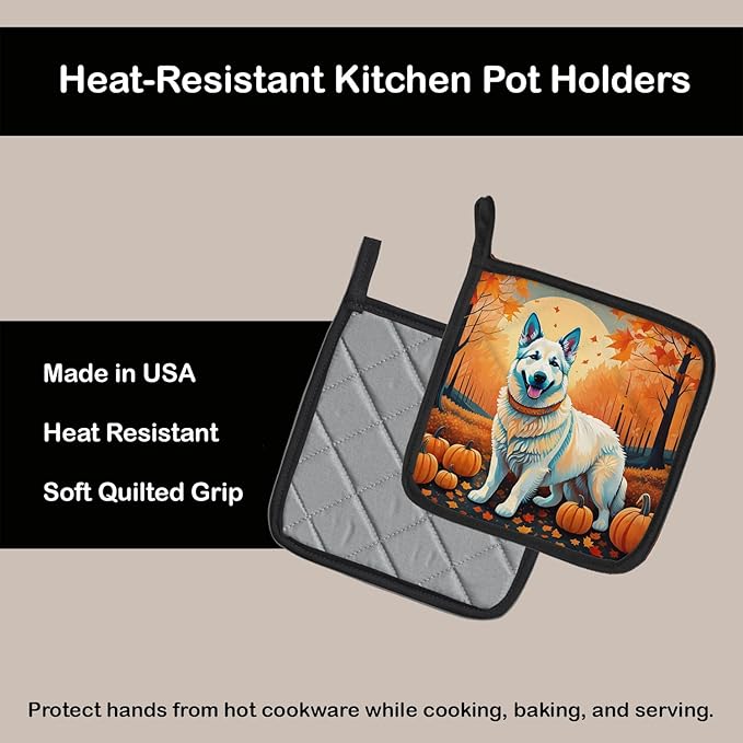 Caroline's Treasures DAC1047PTHD White German Shepherd Fall Pair of Pot Holders Kitchen Heat Resistant Pot Holders Sets Oven Hot Pads for Cooking Baking BBQ, 7 1/2 x 7 1/2