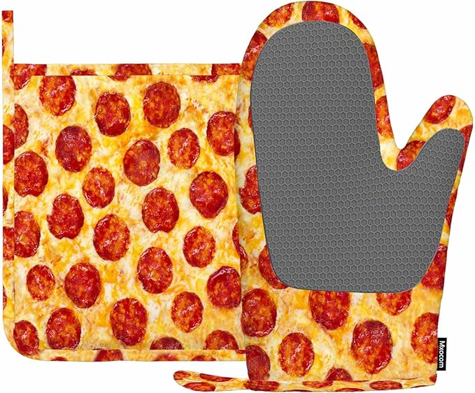 Mxocom Pepperoni Pizza Heat-Resistant Oven Mitts and Pot Holder a Seamless Food Texture Kitchen Non-Slip Cooking Microwave Gloves for Cooking Baking Grilling