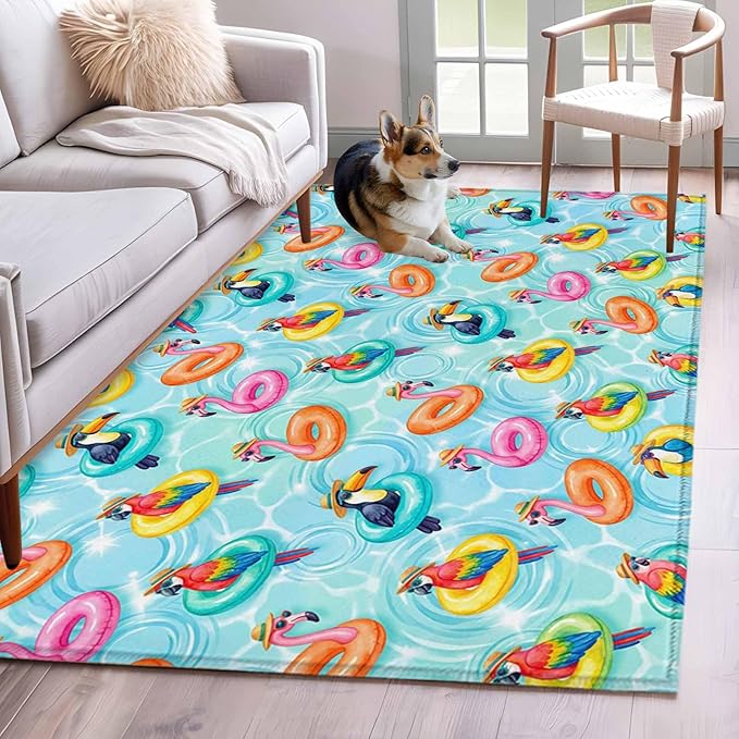 Area Rug 4x6ft, Summer Pool Float Swim Rings Washable Rugs for Living Room Bedroom, Tropical Flamingo Birds Soft Non-Slip Area Rugs Rectangle Floor Carpet for Dining Room