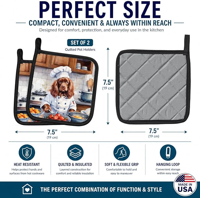 Caroline's Treasures Sussex Spaniel The Chef Pair of Pot Holders Kitchen Heat Resistant Pot Holders Sets Oven Hot Pads for Cooking Baking BBQ, 7 1/2 x 7 1/2