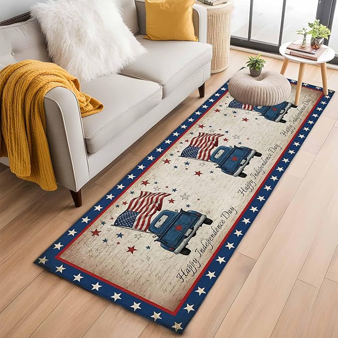 Runner Rug for Bedroom Hallway, Happy Independence Day USA Flag Kitchen Runner Rugs Area Rug 2x6ft, Retro Blue Truck Washable Soft Floor Carpet for Entryway Stair