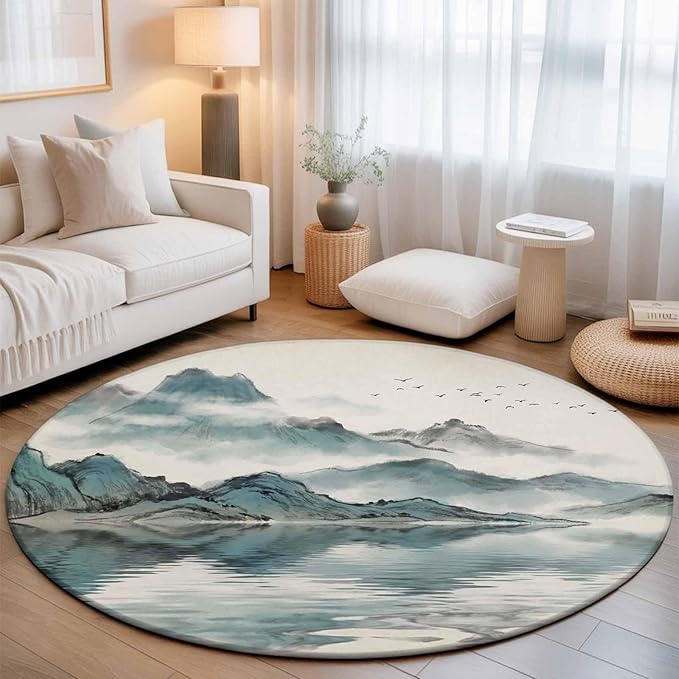 Washable Round Area Rug Chinese Zen Landscape Ombre Circle Rugs Floor Carpet for Living Room Bedroom, Abstract Mountain Lake Soft Non Slip Round Rug 3ft