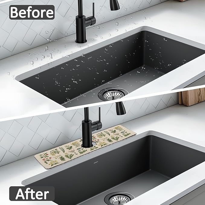 15" X 5.5" Kitchen Sink Splash Guard Faucet Mat Floral Super Absorbent Fast Drying Faucet Guard & Draining Mat Sink Splash Guard Behind Faucet for Kitchen, Bathroom
