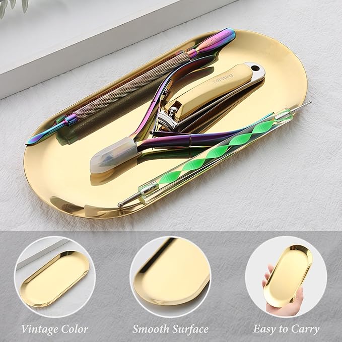 SUTOKAKA Decorative Serving Tray, Manicure Tools Storage Dish, Perfume Jewelry Dinner Placing Plate for Bedroom Kitchen Salon Supplies (Gold - 2PC, 7.09 * 3.35 * 0.39 INCH)