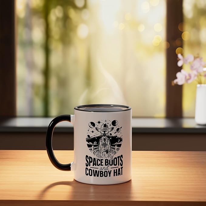 Alien Lover Flying Saucer UFO Extraterrestrial Cowboy Ceramic Mug, Black/White
