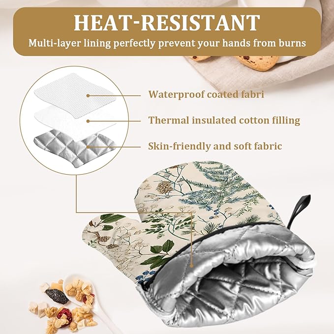 Botanical Print Oven Mitts and Pot Holders Sets 4Pcs Wildflower Herb Silicone Kitchen Gloves Heat Resistant Potholders for Baking Cooking Grilling BBQ