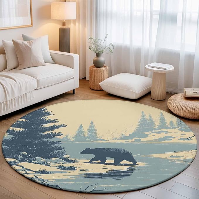 Washable Round Area Rug Winter Bear Evergreen Trees Circle Rugs Floor Carpet for Living Room Bedroom, Rustic Snow River Soft Non Slip Round Rug 3ft