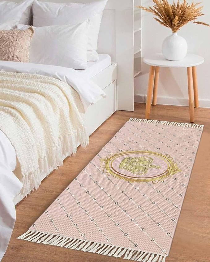 Kitchen Runner Rugs, Golden Crown Queen Pink Lattice 2'x5' Throw Rug with Tassels, White Dot Washable Soft Floor Carpet Runner for Hallway Bedroom Bathroom Laundry Room
