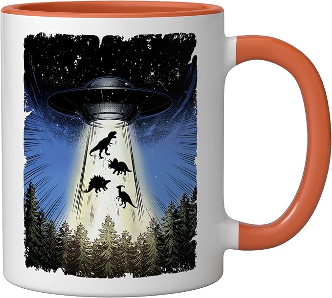 UFO Dinosaur Alien Abduction Flying Saucer Conspiracy Ceramic Mug, Orange/White