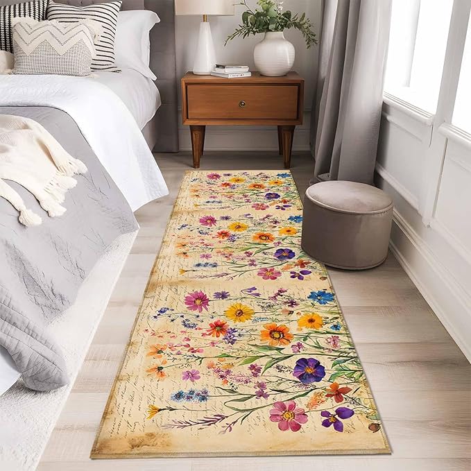 Runner Rug for Bedroom Hallway, Farmhouse Colorful Small Flower Kitchen Runner Rugs Area Rug 2x6ft, Retro Backdrop Seamless Washable Soft Floor Carpet for Entryway Stair