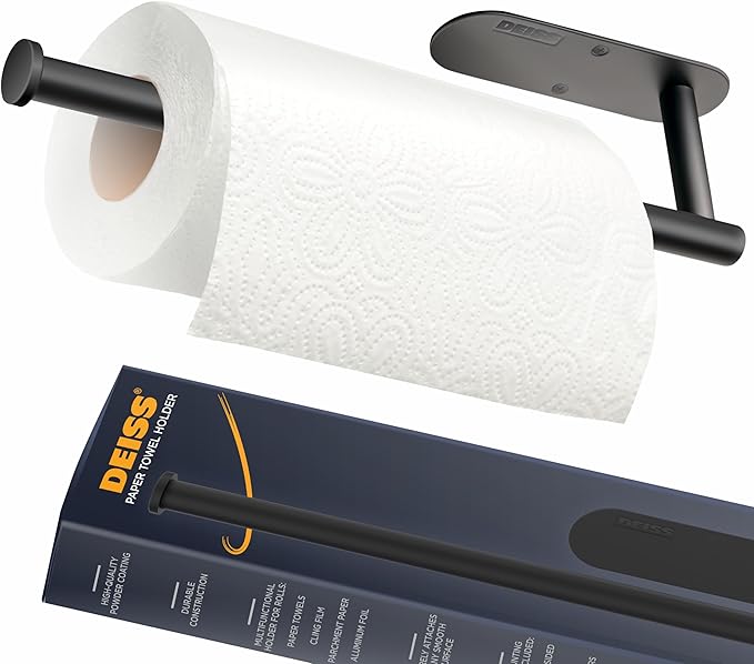 Deiss Pro Paper Towel Holder – Under Cabinet, Wall Mount, or Countertop – Rust-Resistant Stainless Steel, One-Handed Tear Design, Space-Saving Paper Towel Dispenser, Towel Holder for Kitchen