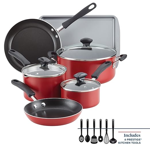 Farberware Cookstart DiamondMax Nonstick Cookware/Pots and Pans Set, Dishwasher Safe, Includes Baking Pan and Cooking Tools, 15 Piece - Red