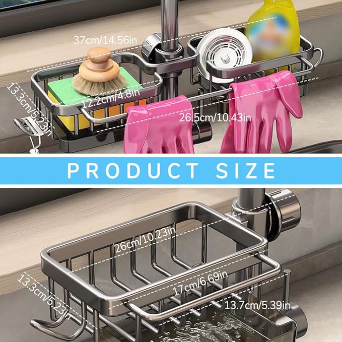 Kitchen Sink Faucet Organizer, 2024 Upgraded Dish Sponge Holder Over Faucet Kitchen Sink Caddy Organizer with Hook for Bathroom, Scrubbers, Soap, Work With 0.7-1.1inch Round Water Pipe (Black, Right)