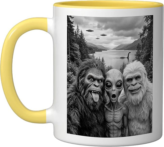 Bigfoot Alien Loch Ness Monster UFO Selfie Funny Cryptid Art Ceramic Mug, Yellow/White