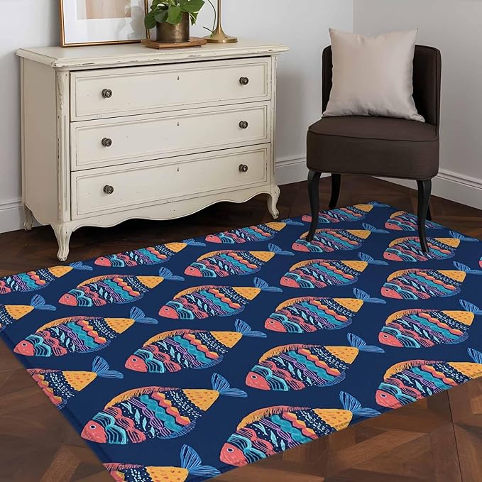Area Rug 4x6ft, Ethnic Style Ocean Fish Washable Rugs for Living Room Bedroom, Watercolor Marine Life on Navy Blue Soft Non-Slip Area Rugs Rectangle Floor Carpet for Dining Room