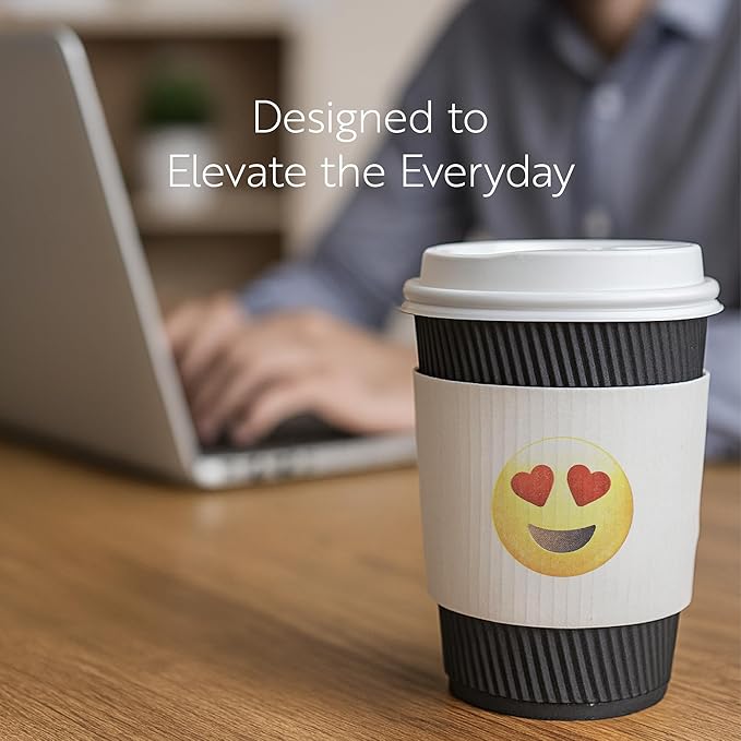 Restaurantware SLEEVES ONLY: Restpresso 5.1 x 2.8 Inch Coffee Cup Sleeves 50 Corrugated Hot Cup Sleeves - Heart-Eye Emoji Heat-Tolerant White Paper Disposable Coffee Sleeves Secure Grip