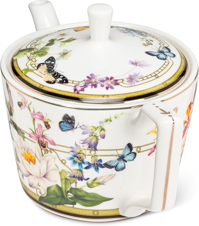 Abbott Collection Butterfly Garden Teapot - Bone China, White/Green, 8.5"L (22oz)