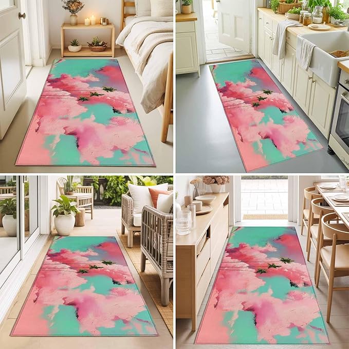 Runner Rug for Bedroom Hallway, Summer Dreamy Pink Cloud Kitchen Runner Rugs Area Rug 2x6ft, Watercolor Tropical Palm Tree Washable Soft Floor Carpet for Entryway Stair