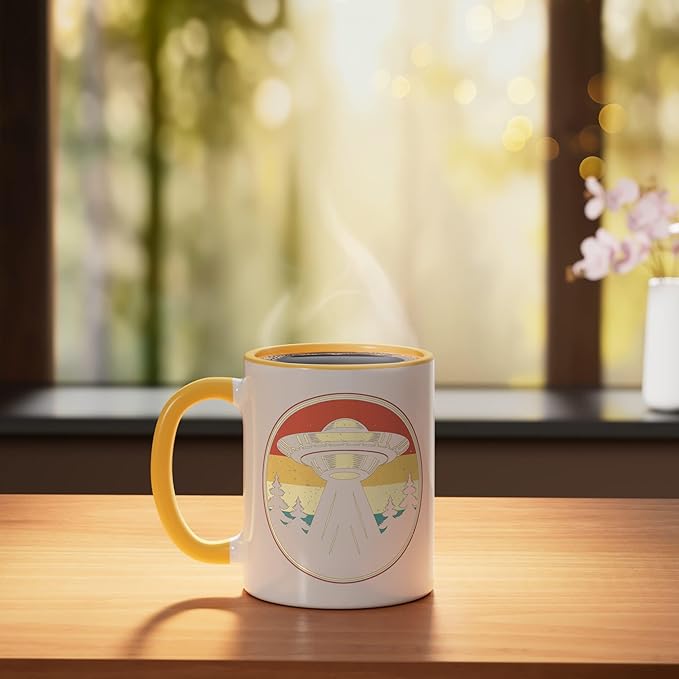 Ufo Alien Vintage Retro Ceramic Mug, Yellow/White