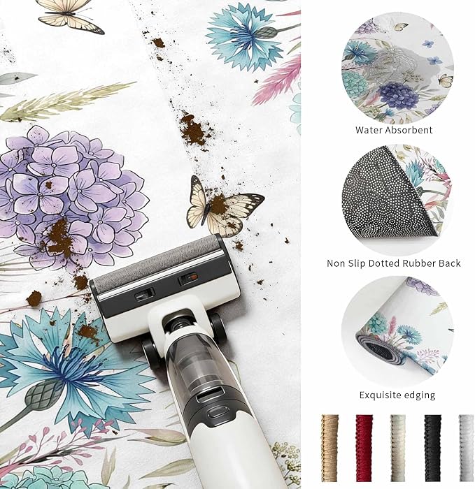 Area Rug 8x10ft, Spring Flower Thistle Hydrangea Washable Rugs for Living Room Bedroom, Wild Garden Floral Butterfly Soft Non-Slip Area Rugs Rectangle Floor Carpet for Dining Room