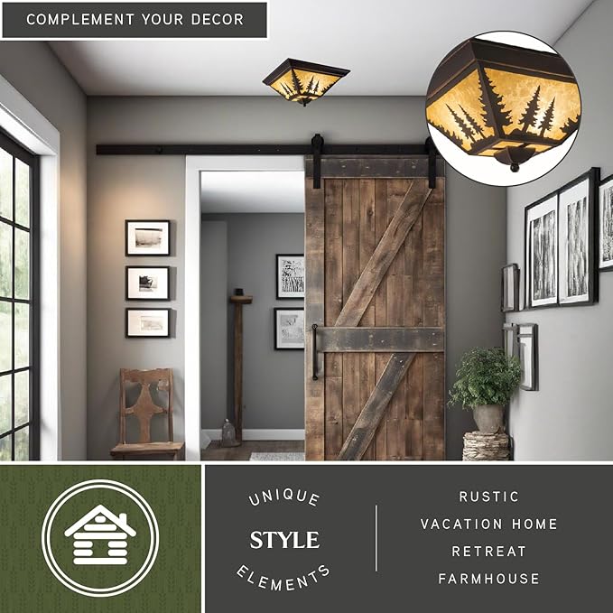 VAXCEL Yosemite Flush Mount Rustic Ceiling Light, Tree Silhouette, Dimmable Indoor Outdoor Lighting, Burnished Bronze Finish, Amber Flake Glass