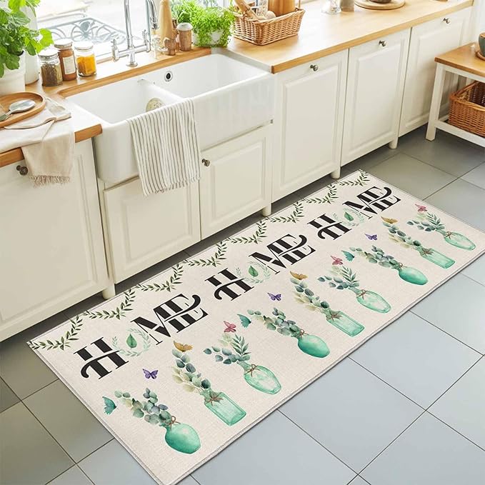 Runner Rug for Bedroom Hallway, Rustic Home Text Eucalyptus Leaf Kitchen Runner Rugs Area Rug 2x6ft, Farmhouse Butterfly Retro Linen Washable Soft Floor Carpet for Entryway Stair