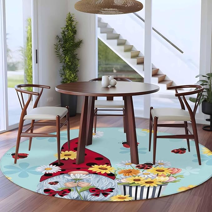 Washable Round Area Rug Summer Ladybug Gnome Daisy Flower Circle Rugs Floor Carpet for Living Room Bedroom, Watercolor Bloom Floral on Blue Soft Non Slip Round Rug 5ft