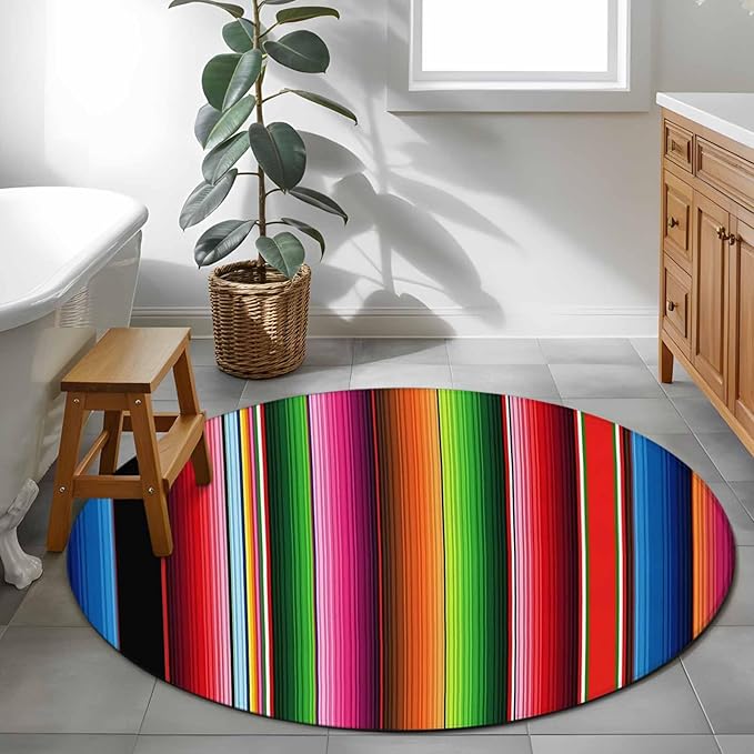 Washable Round Area Rug Mexico Art Colorful Stripes Circle Rugs Floor Carpet for Living Room Bedroom, Color Gradient Lines Soft Non Slip Round Rug 3ft