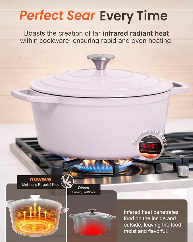 Nuwave 6QT Healthy Enameled Cast Iron Dutch Oven Pot with Lid, Heavy Duty 7-Layer Enamel, Enhanced Rust Protection, Dual Handles, Oven Safe to 500°F for Sourdough Bread Baking, Braise, Stew, Roast