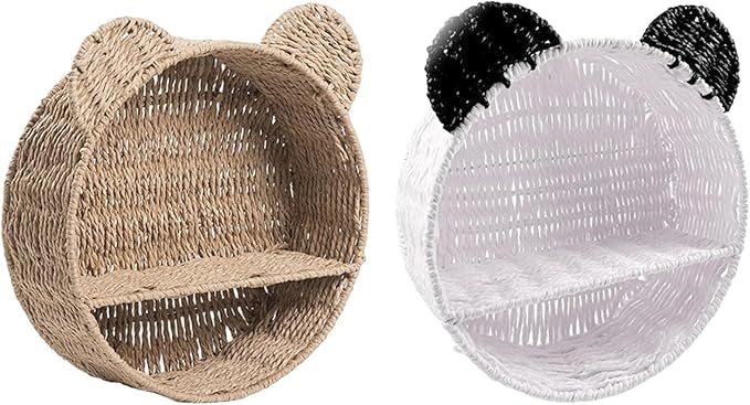 PURPLELILY Rattan Hanging Storage Basket Bear Ear Shape Wall Shelf Woven Wall Mounted Storage Rack Floating Shelves Home Decoration
