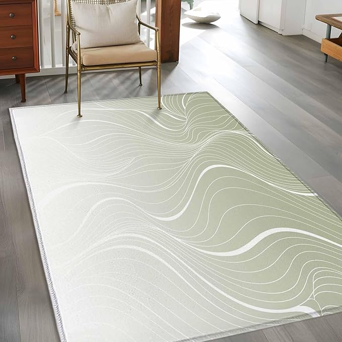 Area Rug 3x5ft, Sage Green Wavy Gradient Stripes Washable Rugs for Living Room Bedroom, Geometric Abstract Art Soft Non-Slip Area Rugs Rectangle Floor Carpet for Dining Room