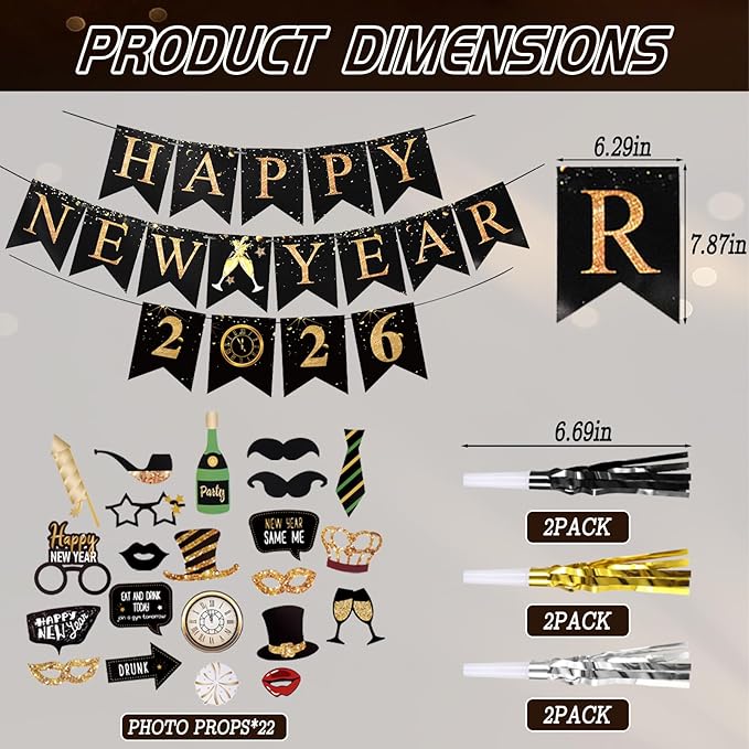 New Years Eve Party Supplies 2026, Black Gold New Years Foil Balloon Decorations Banner Hats Glasses Noisemakers Blowouts Curtains Numbers 2026 Balloons Photo Props for NYE Party Decorations