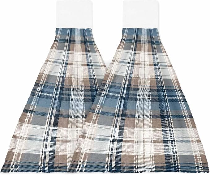 Alandar Home Kitchen Tie Towel Set of 2, Vintage Geometric Plaid Absorbent Soft Hand Towels for Bathroom Hanging Towels, Blue Brown Color Block Fast Drying Cleaning Cloth with Loop