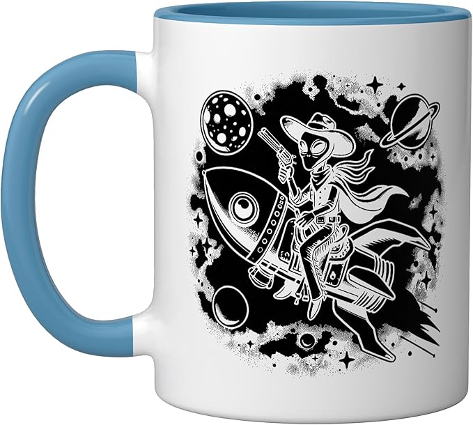 Alien Lover Flying Saucer UFO Extraterrestrial Cowboy Ceramic Mug, Blue/White